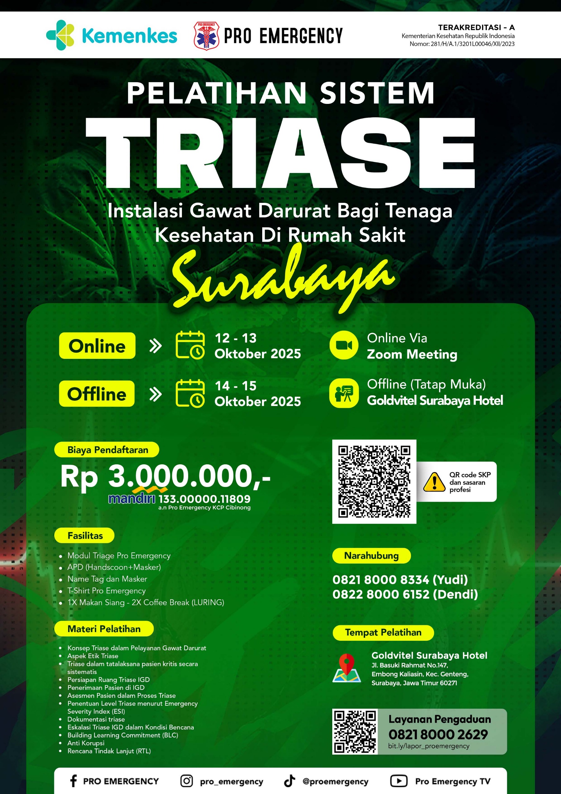 Pelatihan TRIASE 12-15 OKTOBER 2025 di Goldvitel Surabaya Hotel